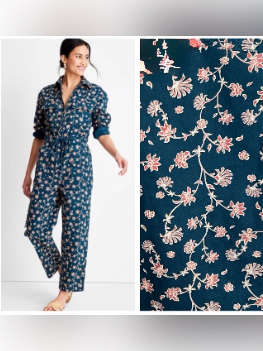 Boilersuit / Jumpsuit w/ Rope Drawstring, 7 Pockets ~ Teal w/ Small Pink Flowers